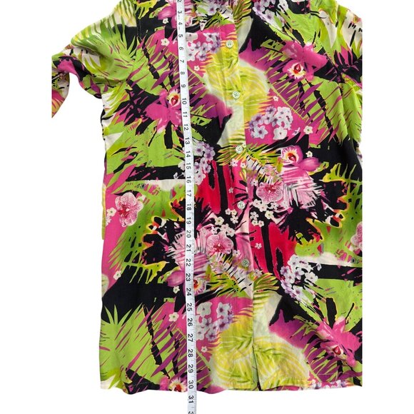 Diane Gilman Womens Silk Top Button-Up Long Sleeve Tunic Tropical Floral Size M - Picture 6 of 7